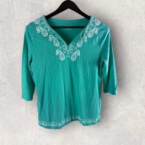 Talbots Popover Top 100% Cotton Embroidered Split Neckline 3/4 Sleeves LP Petite